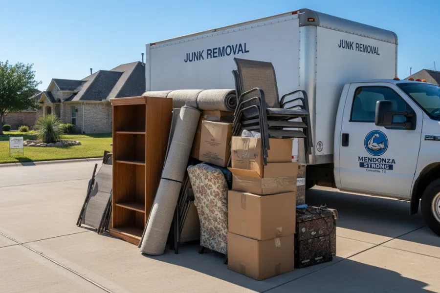 white junk removal truck with furniture, boxes, and chairs stacked on driveway in front of suburban houses